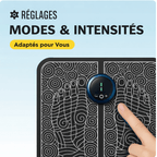 Réglages du AuraStep™ Tapis de massage électrique pour pieds avec modes et intensités adaptés.