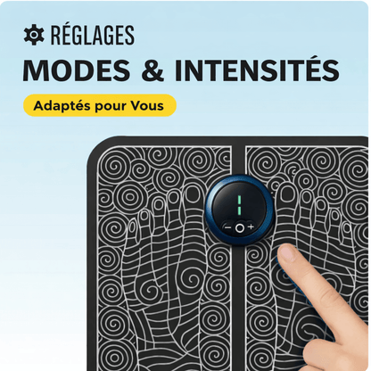 Réglages du AuraStep™ Tapis de massage électrique pour pieds avec modes et intensités adaptés.