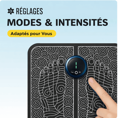 Réglages du AuraStep™ Tapis de massage électrique pour pieds avec modes et intensités adaptés.