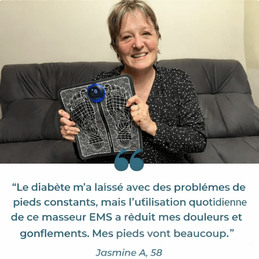 AuraStep™ Tapis de massage électrique pour pieds utilisé par une cliente satisfaite.