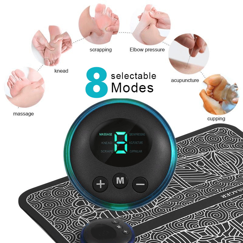AuraStep™ Tapis de massage électrique pour pieds avec 8 modes sélectionnables pour une relaxation personnalisée.