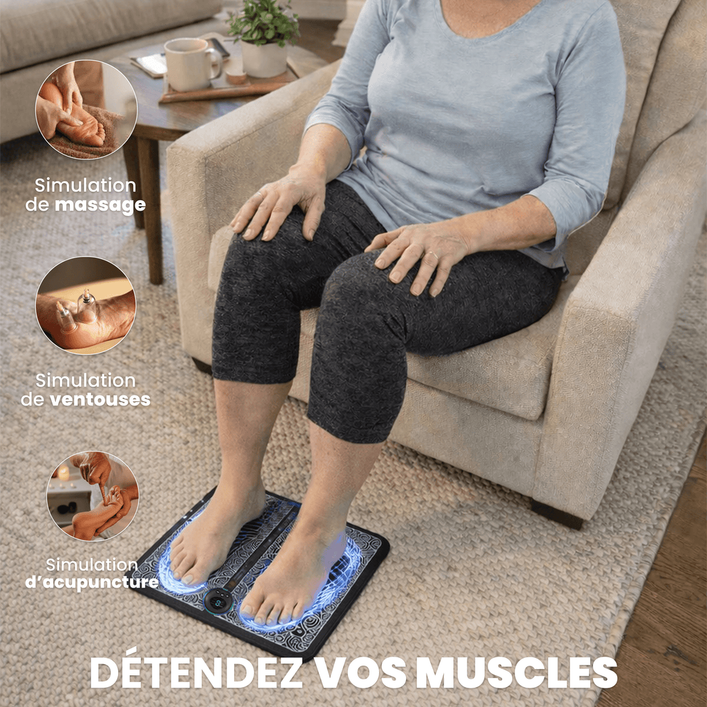 AuraStep™ Tapis de massage électrique pour pieds en utilisation pour détendre les muscles et soulager les tensions.