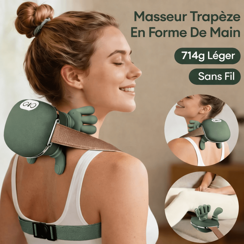 Femme utilisant un masseur trapèze sans fil en forme de main, léger (714 g) et ergonomique, fixé avec sangle réglable.