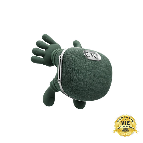 Masseur cervical ergonomique vert en forme de main avec boutons de contrôle intégrés et design compact.