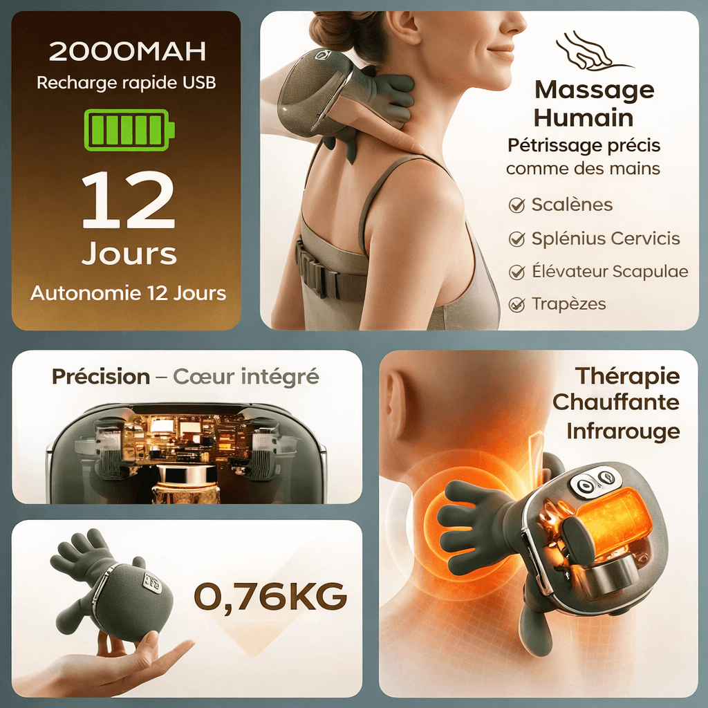 Masseur cervical rechargeable USB 2000 mAh avec autonomie de 12 jours, poids 0,76 kg et fonction thérapie chauffante infrarouge.