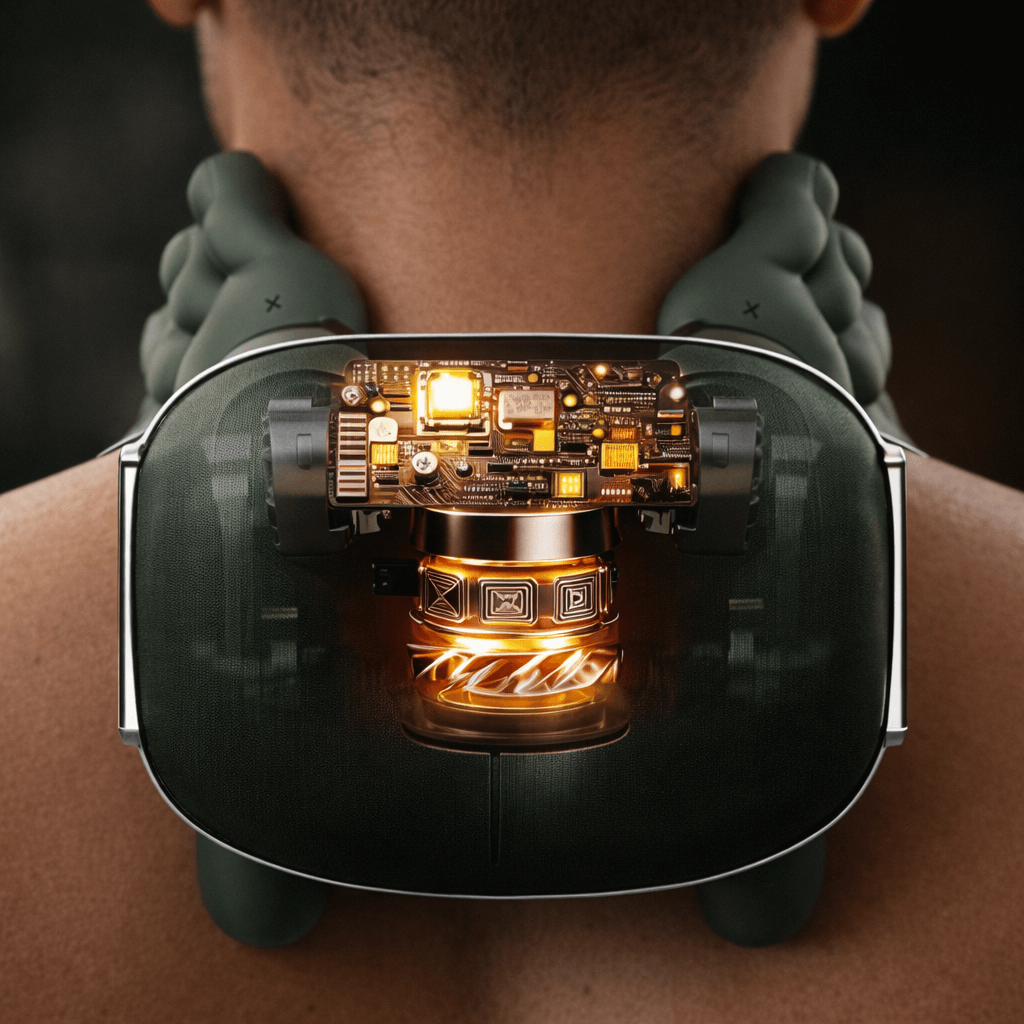 Masseur trapèze chauffant appliqué sur la nuque avec double zone de chaleur rouge, produit best-seller.