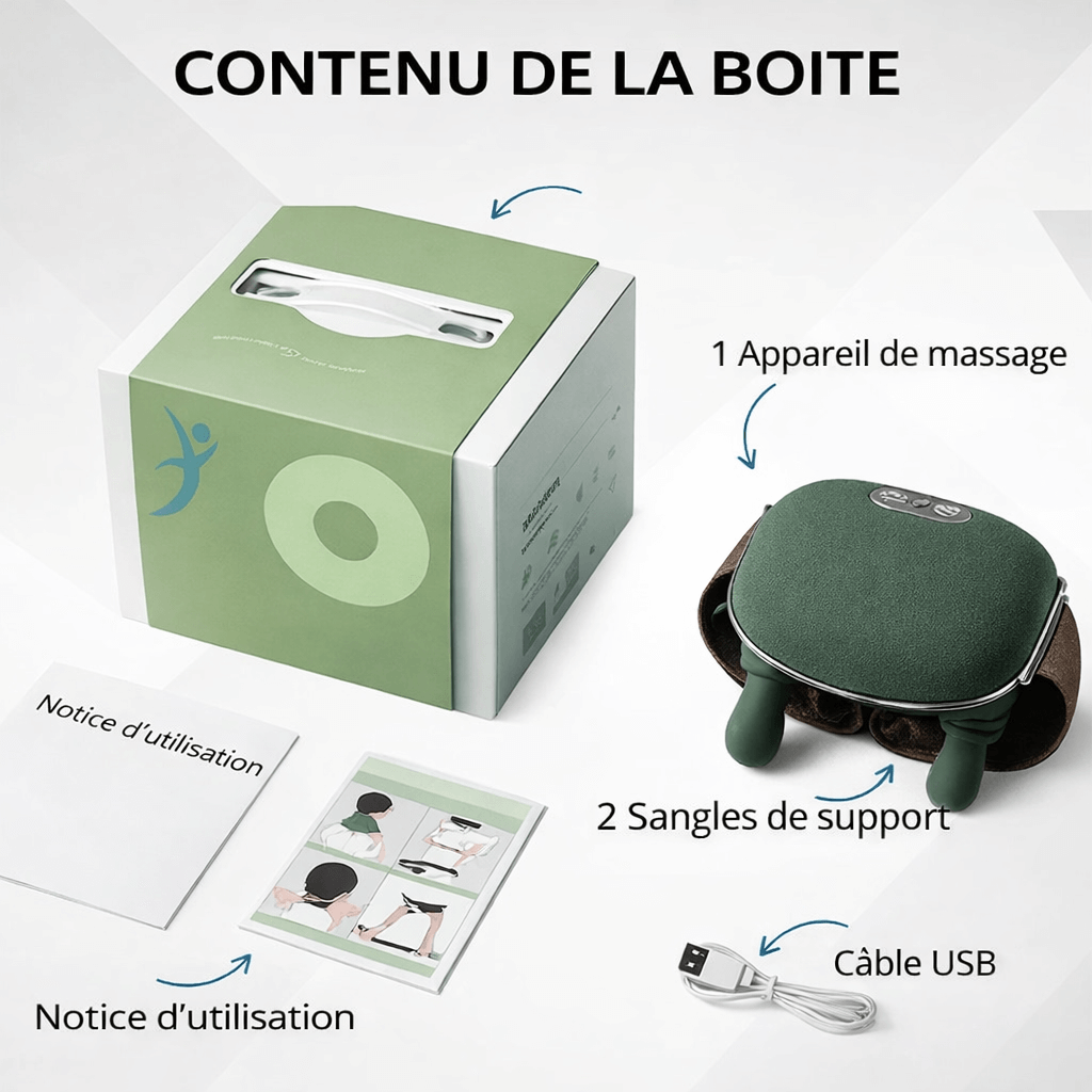 Boîte du masseur cervical en forme de main avec contenu inclus : appareil de massage, deux sangles de support, câble USB et notice d’utilisation.